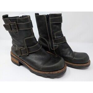 Volatile Motor 6 Black Leather Double Buckle Moto Boot Women's Size 6 Biker Y2K